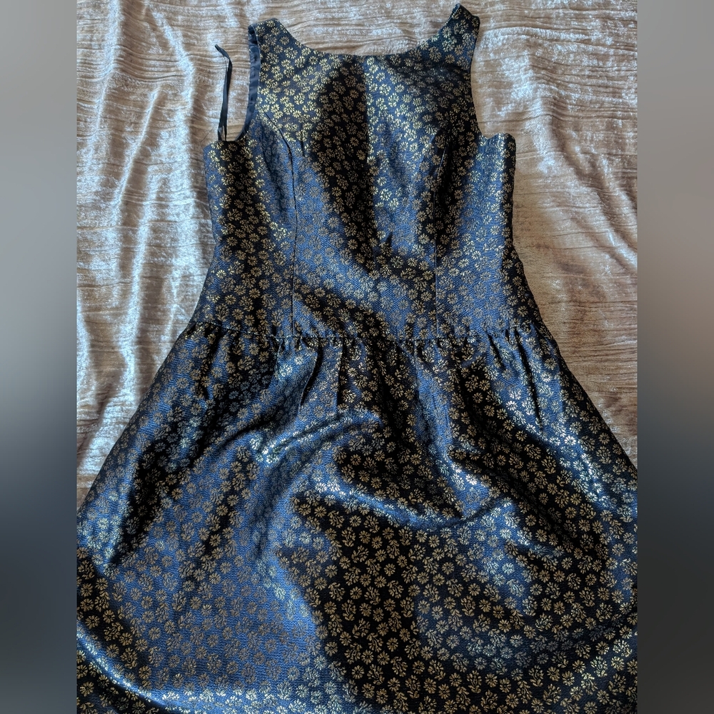 J. Crew Midnight Black and Gold Patterned Midi Dress